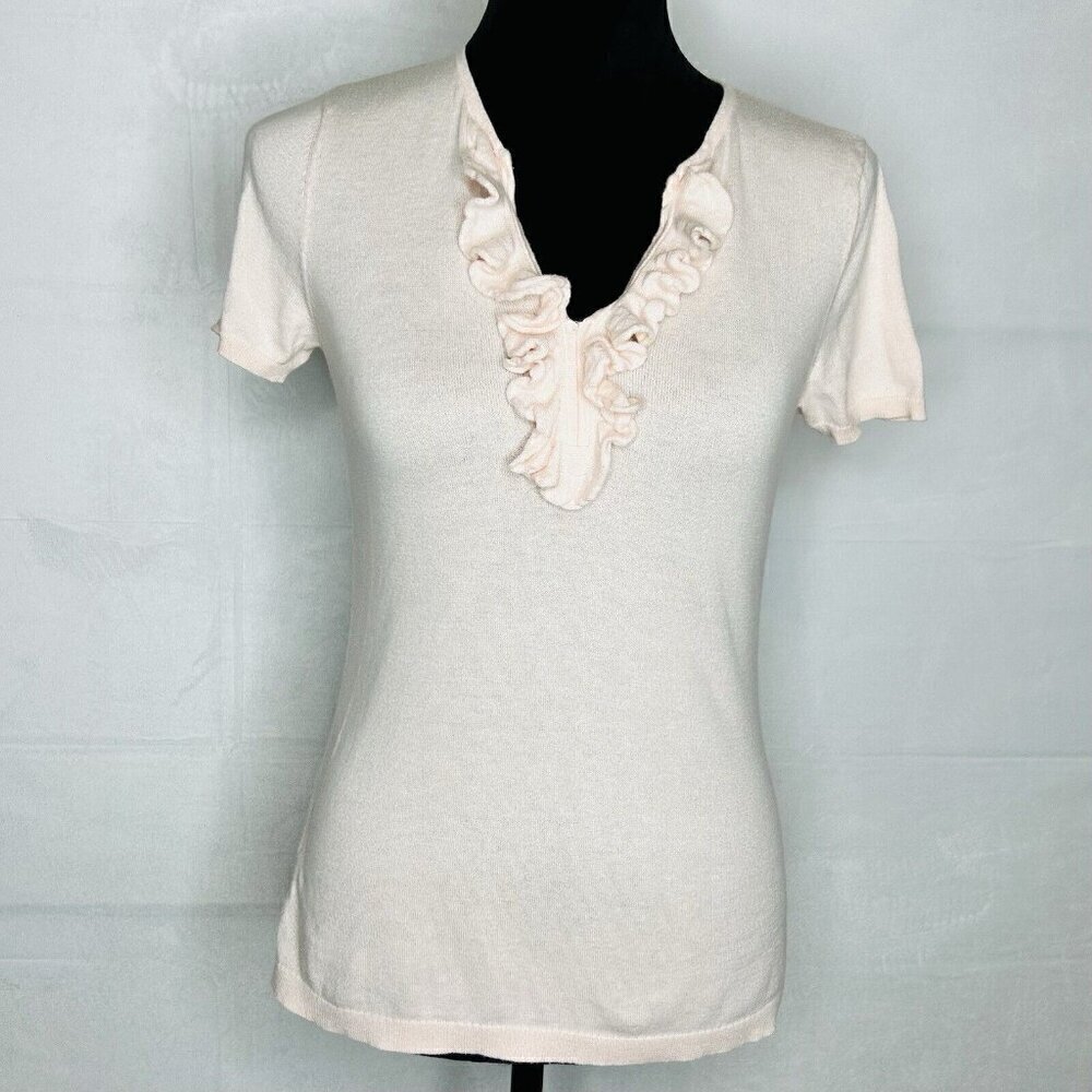 Ann Taylor Sz S Ruffled Front Pink Lightweight Cotton Short-Sleeve Shirt Top